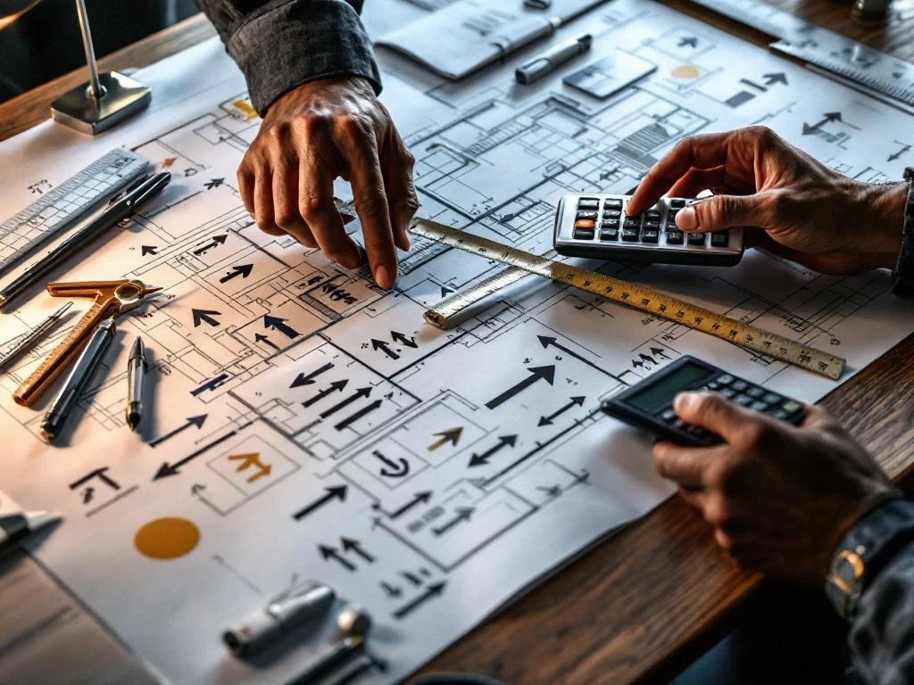 Professionele handen met meetlint en rekenmachine op architecturale blauwdrukken met wegwijzers en meetinstrumenten