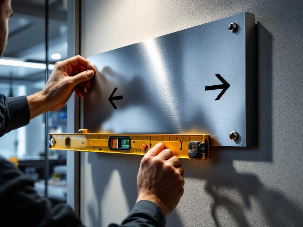 Professionele handen installeren een moderne bewegwijzering op kantoorwand met gereedschap en waterpas