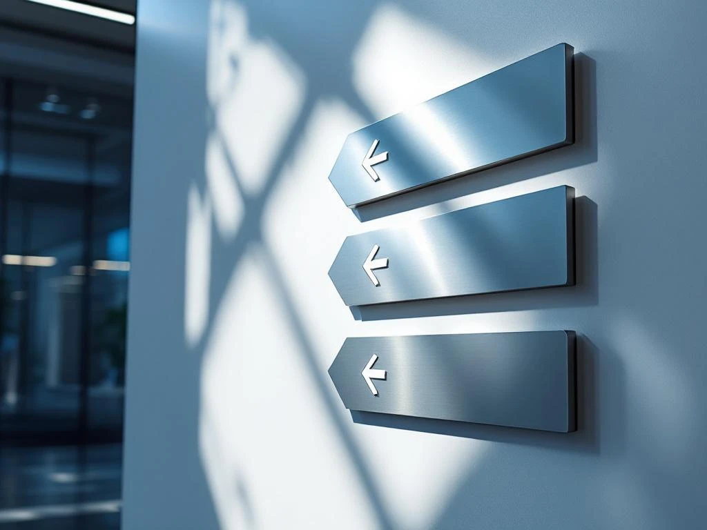 Moderne bewegwijzering met aluminium pijlen en pictogrammen op witte muur in kantoorgebouw met dramatische verlichting