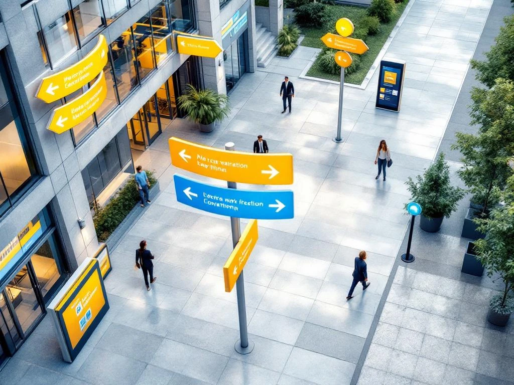 Moderne kantoorcomplex van bovenaf met gele en blauwe bewegwijzering en digitale displays langs betonnen looppaden