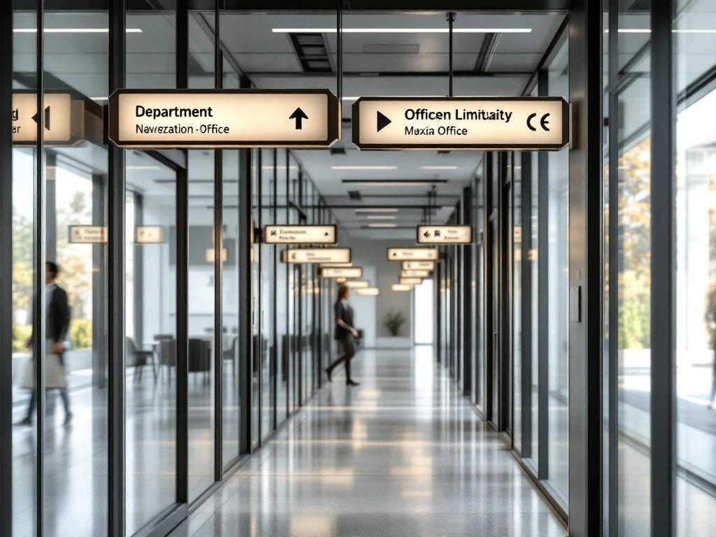 Moderne bewegwijzering met LED-verlichting in glazen bedrijfscorridor met richtingaanwijzers en kantooridentificatie
