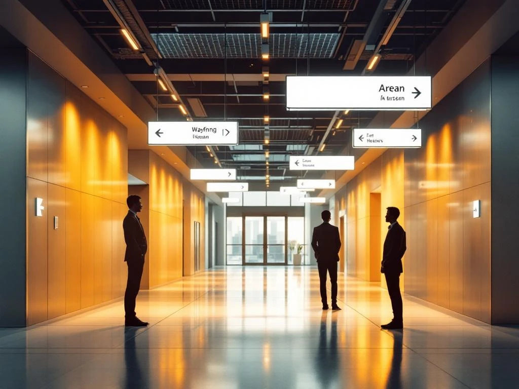 Moderne kantoorlobby met duidelijke bewegwijzering en pijlen, terwijl een persoon verward bij een kruispunt staat