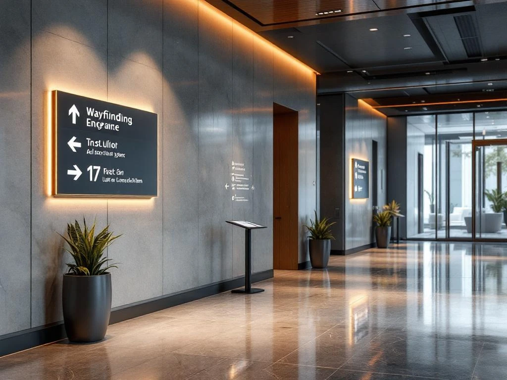 Moderne bedrijfsentree met professionele bewegwijzering, warme verlichting en elegante vloergrafiek in ruime lobby