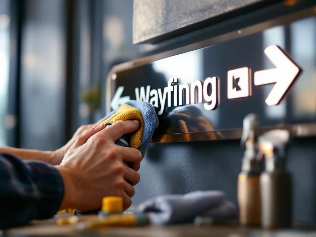Onderhoudsmedewerker reinigt moderne bewegwijzering met microvezeldoek en schoonmaakspray, gereedschap ligt klaar