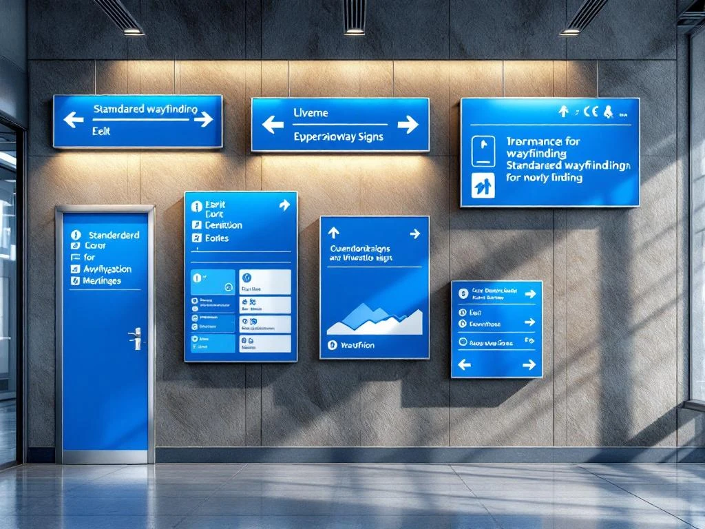 Professionele bewegwijzering en wayfinding borden in verschillende formaten in moderne kantooromgeving