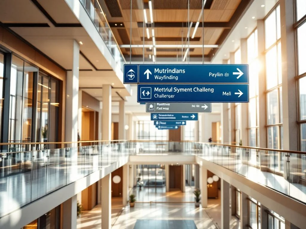 Moderne kantoorhal met meerdere verdiepingen en professionele bewegwijzering op muren en plafond, verlicht door natuurlijk licht