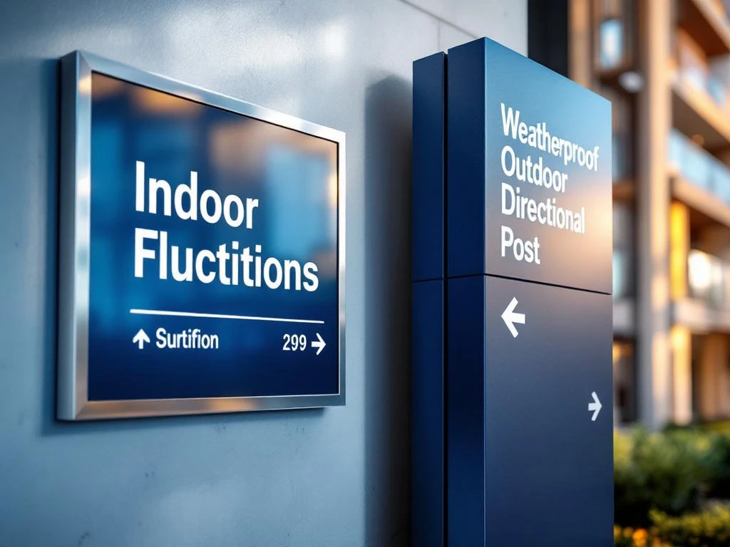 Twee contrasterende bewegwijzering systemen: elegante indoor aluminium bord naast weerbestendige outdoor directionele paal