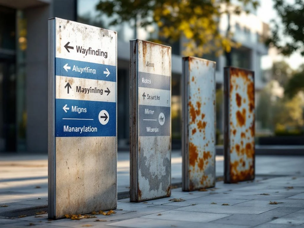 Vier buitenbewijzeringsborden in verschillende stadia van verwering, van nieuw aluminium tot verroest en afgebladderd