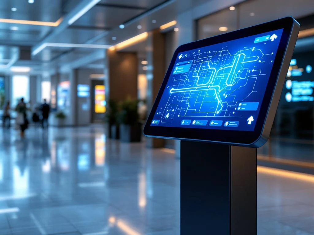 Digitale bewegwijzeringskiosk met interactieve touchscreen kaart in moderne kantoorlobby met LED-verlichting