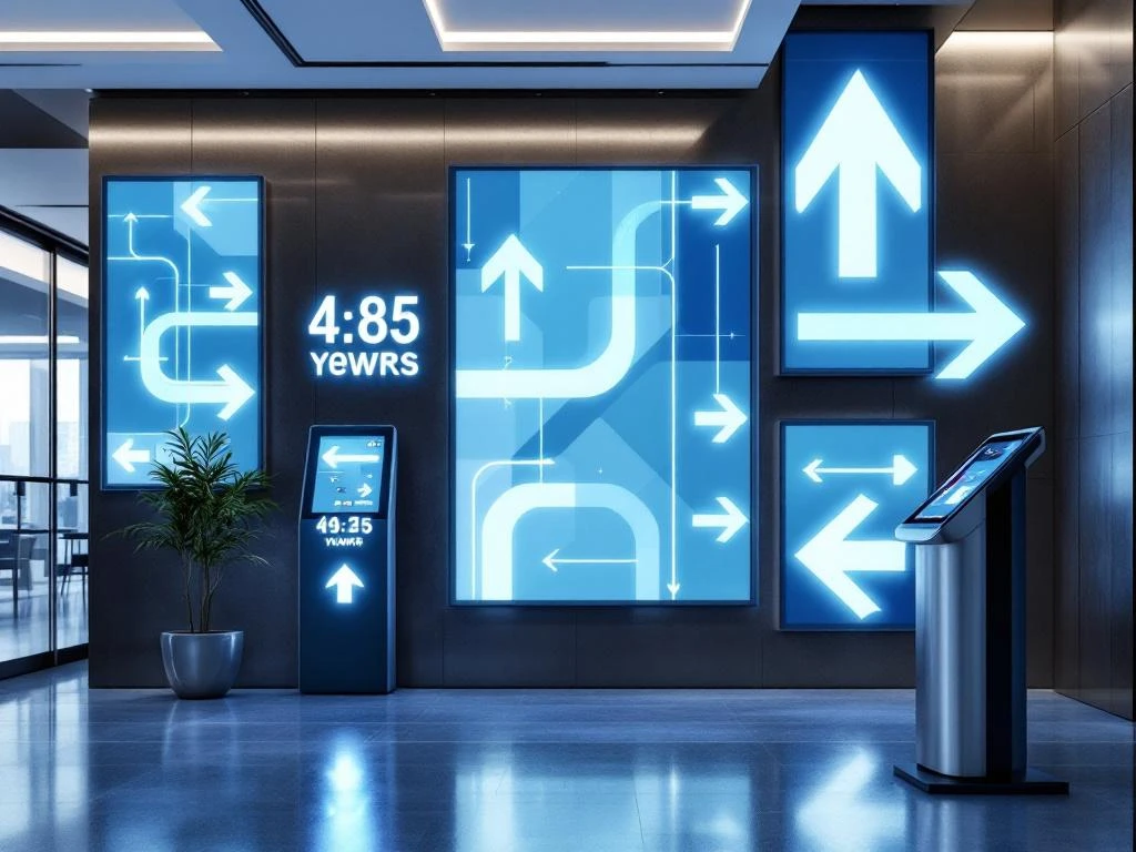 Moderne digitale bewegwijzering met LED-pijlen en touchscreen kiosken in blauw-wit design voor zakelijke omgeving