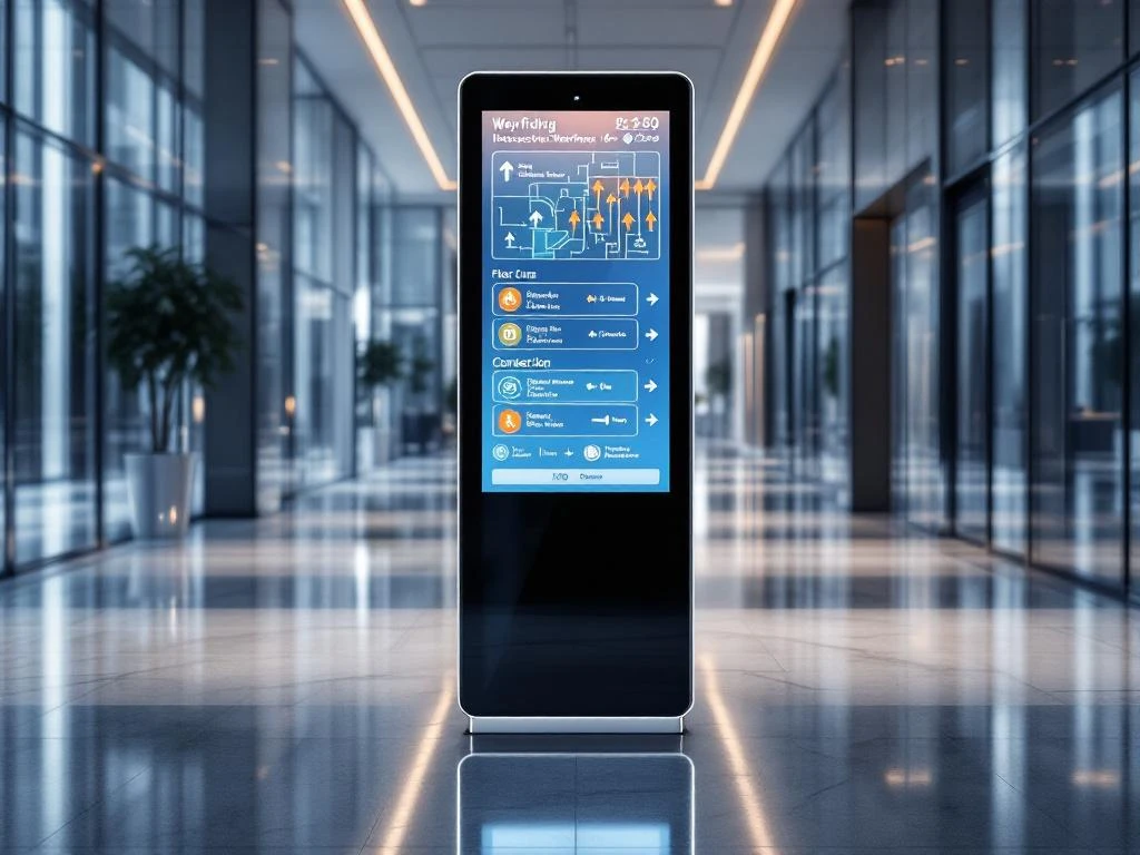 Moderne digitale bewegwijzering kiosk met touchscreen in zakelijke lobby met marmeren vloeren en glazen architectuur