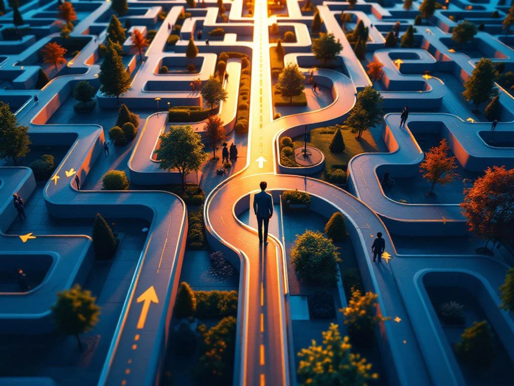 Luchtfoto van doolhofachtig paden systeem met wegwijzers die leiden naar verlicht centraal gebouw in blauw-oranje kleuren