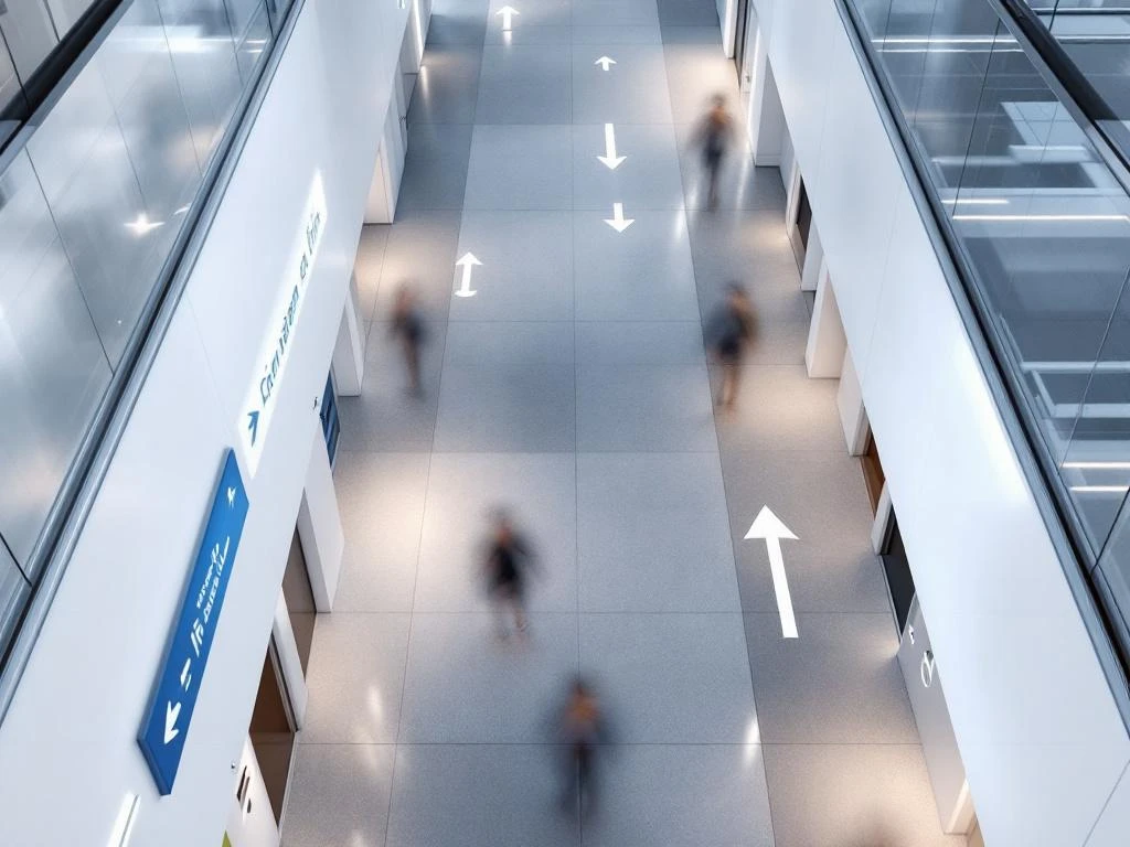 Moderne kantoorgang met professionele bewegwijzering en LED-verlichting, blauwe en zilveren accenten