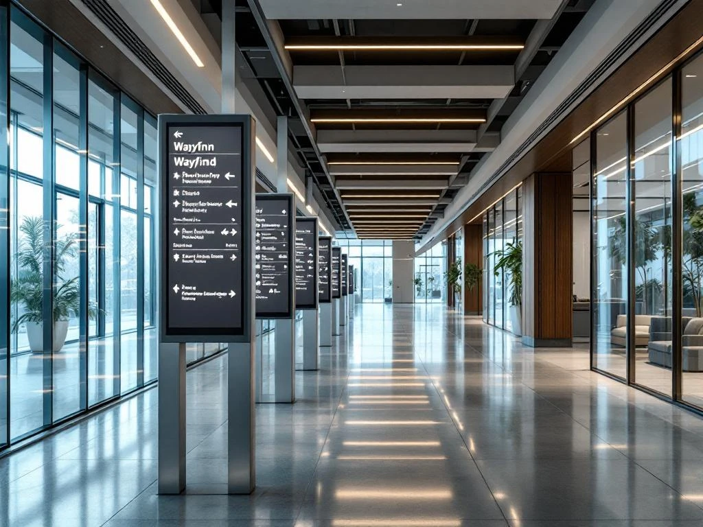 Modern kantoorgebouw interieur met professionele bewegwijzering, glazen wanden en heldere navigatieroutes