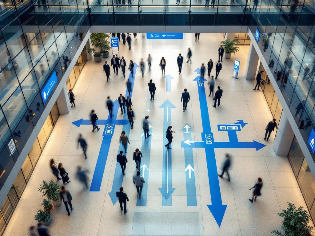 Moderne kantoorlobby met spitsuurverkeer, richtingsaanwijzingen op vloer en wayfinding-bewegwijzering aan muren