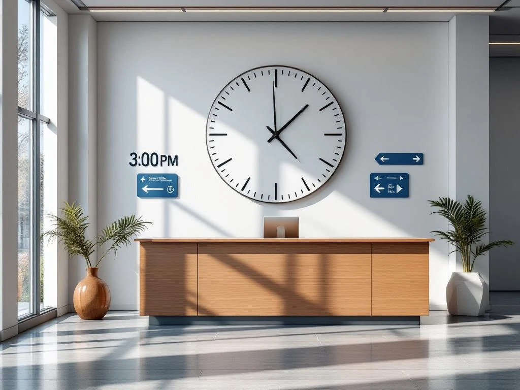 Moderne kantoorontvangst met elegante wandklok die 15:00 toont, houten balie en professionele bewegwijzering