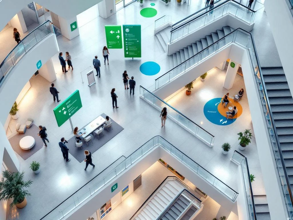 Luchtfoto van modern kantoorgebouw interieur met wayfinding bewegwijzering, witte gangen en LED-verlichting