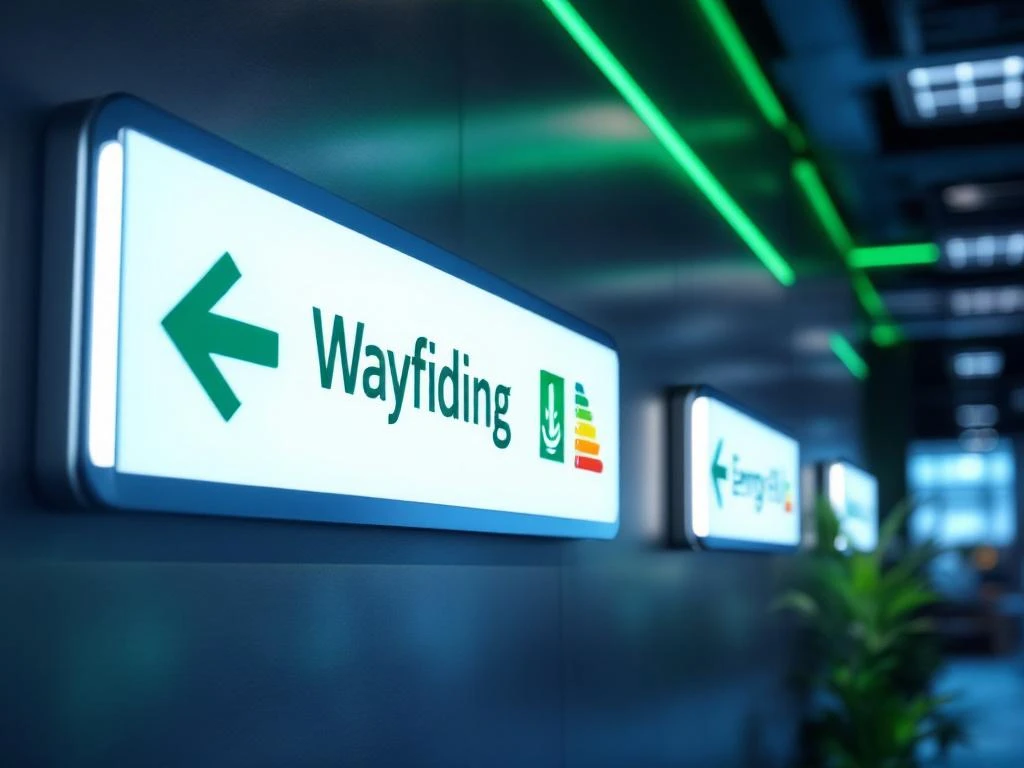 LED-verlichte bewegwijzering aan moderne kantoorwand met zonnepanelen op achtergrond, duurzame verlichting