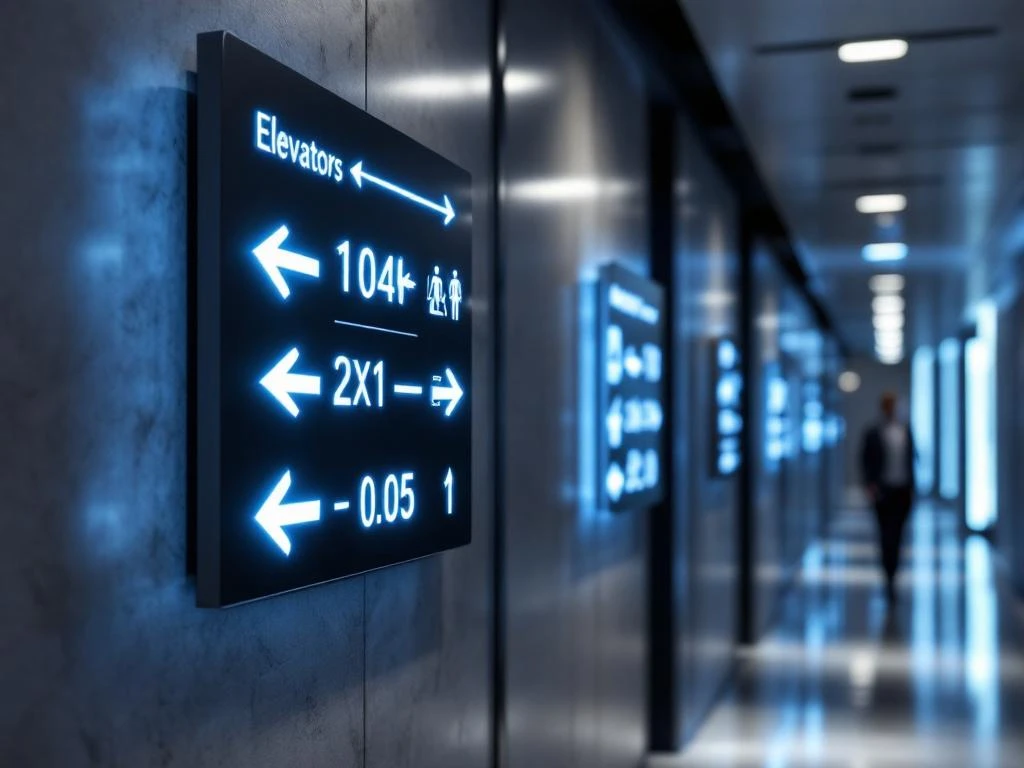 Moderne LED-bewegwijzering in bedrijfscorridor met verlichte pijlen en pictogrammen voor liften en uitgangen