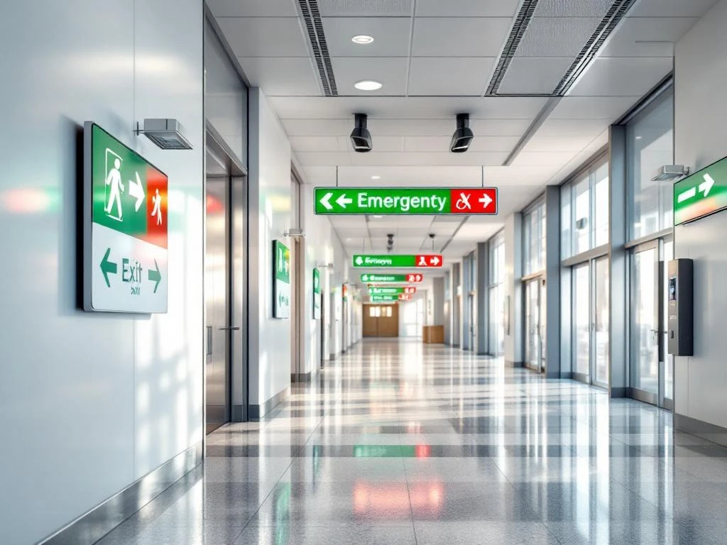 Moderne openbare gebouw gang met groene nooduitgang borden, LED verlichting en brandveiligheidsapparatuur