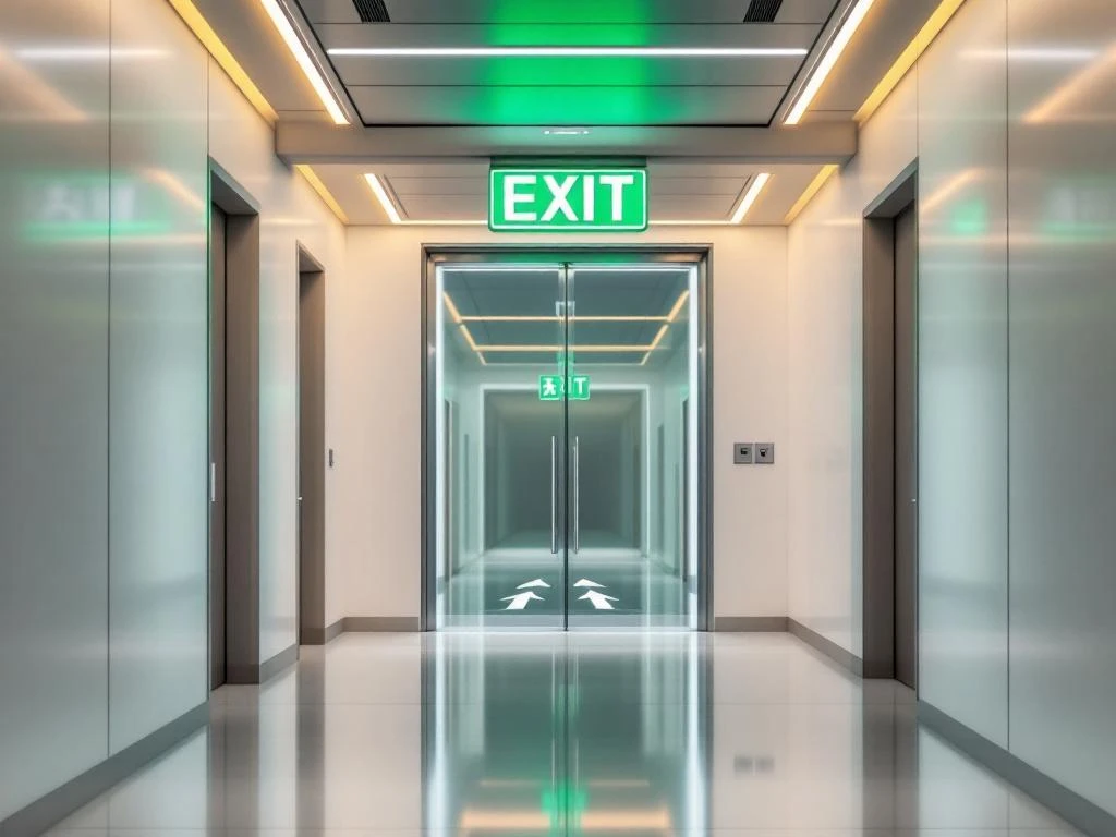 Groene nooduitgang bord met rennende figuur boven glazen deur in moderne kantoorgang met richtingaanwijzers