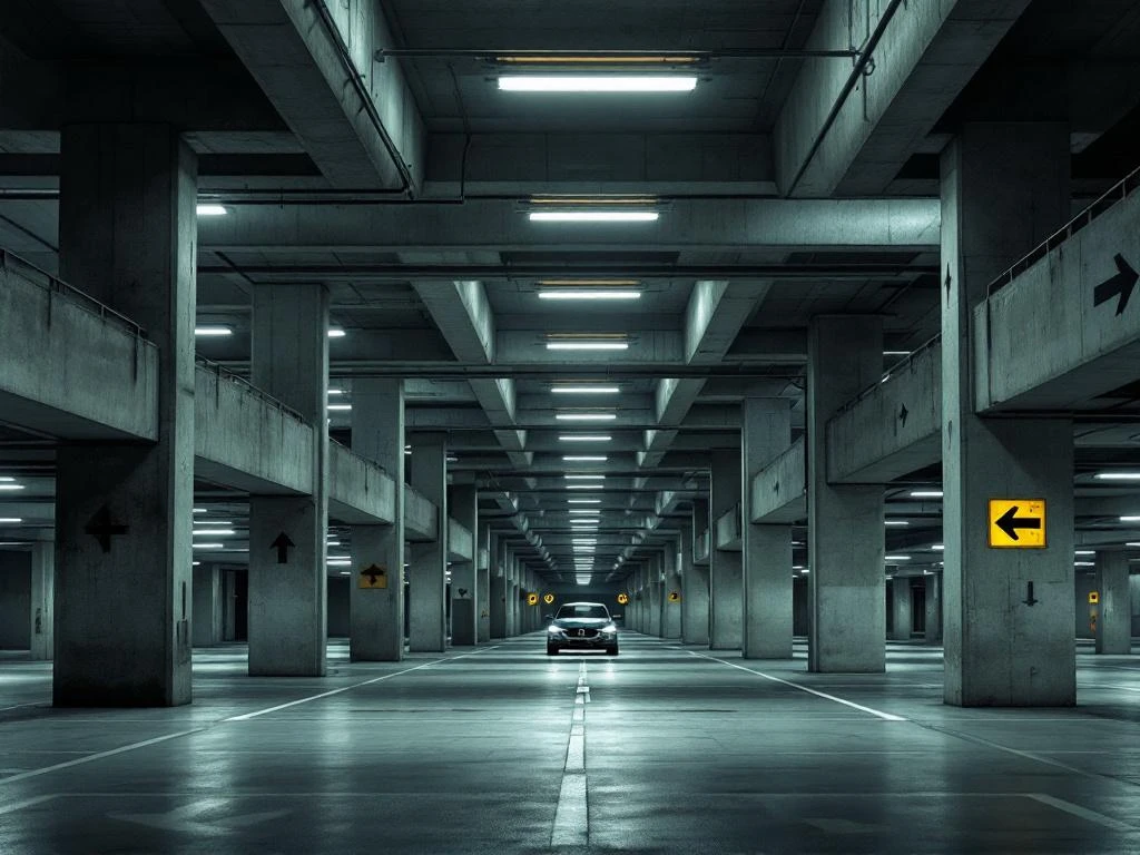 Verwarrende parkeergarage met tegenstrijdige pijlen en borden, eenzame auto tussen lege plekken in dramatisch verlichte ruimte
