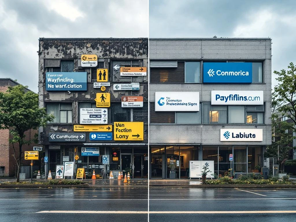Voor-en-na vergelijking van kantoorgebouw: links verwaarloosd met versleten bewegwijzering, rechts gerenoveerd met moderne signage