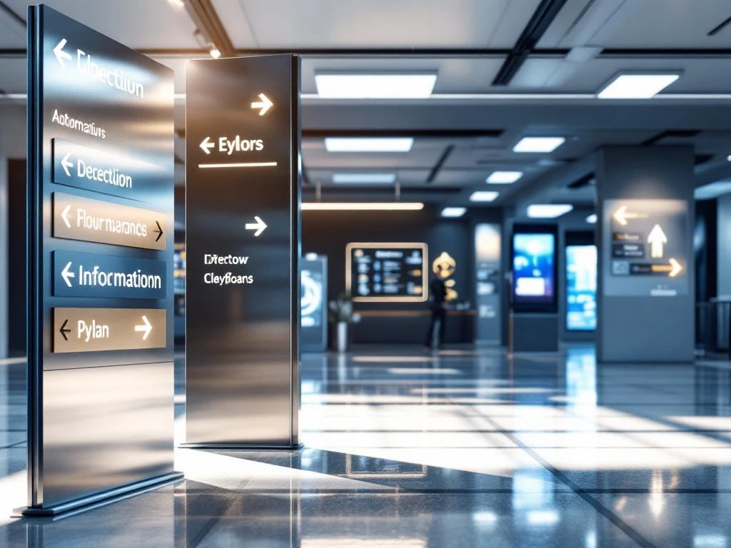 Professionele bewegwijzering en wayfinding systemen met verlichte pijlen, digitale displays en aluminium panelen