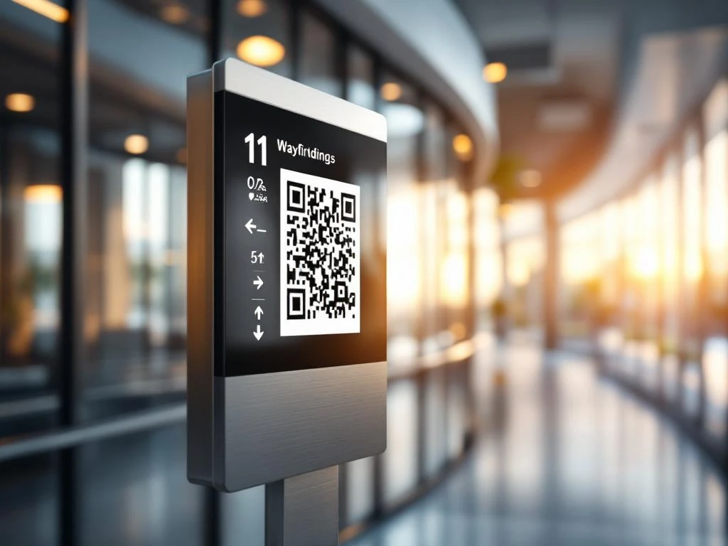Moderne digitale bewegwijzering met QR-code, richtingspijlen en locatiesymbolen in kantoorgebouw gang