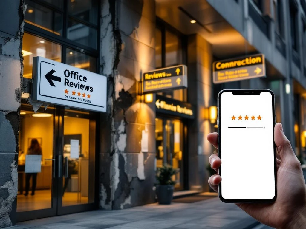 Kantoorgebouw ingang met onderhoudsgebreken en smartphone met één-ster beoordeling interface op voorgrond