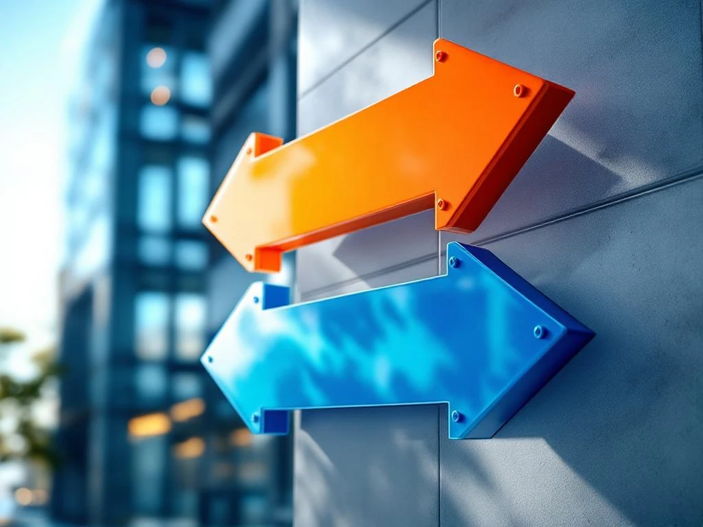 Kleurrijke bewegwijzering pijlen in wit, oranje en blauw op moderne bedrijfsgebouw voor professionele navigatie