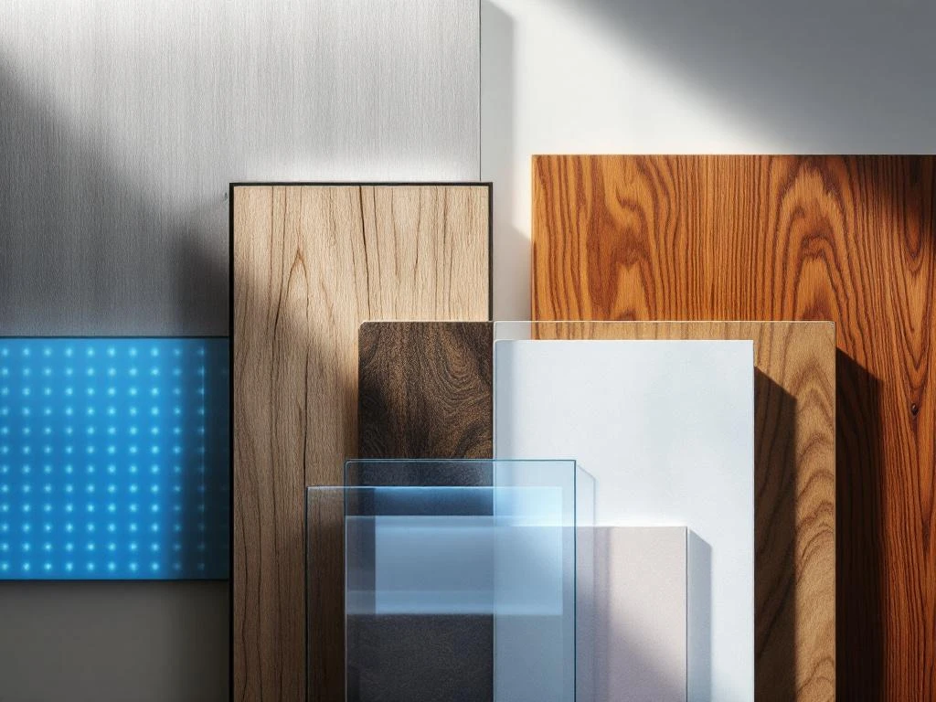 Diverse signage materialen close-up: geborsteld aluminium, acryl, hout, LED displays en vinyl met montagehardware