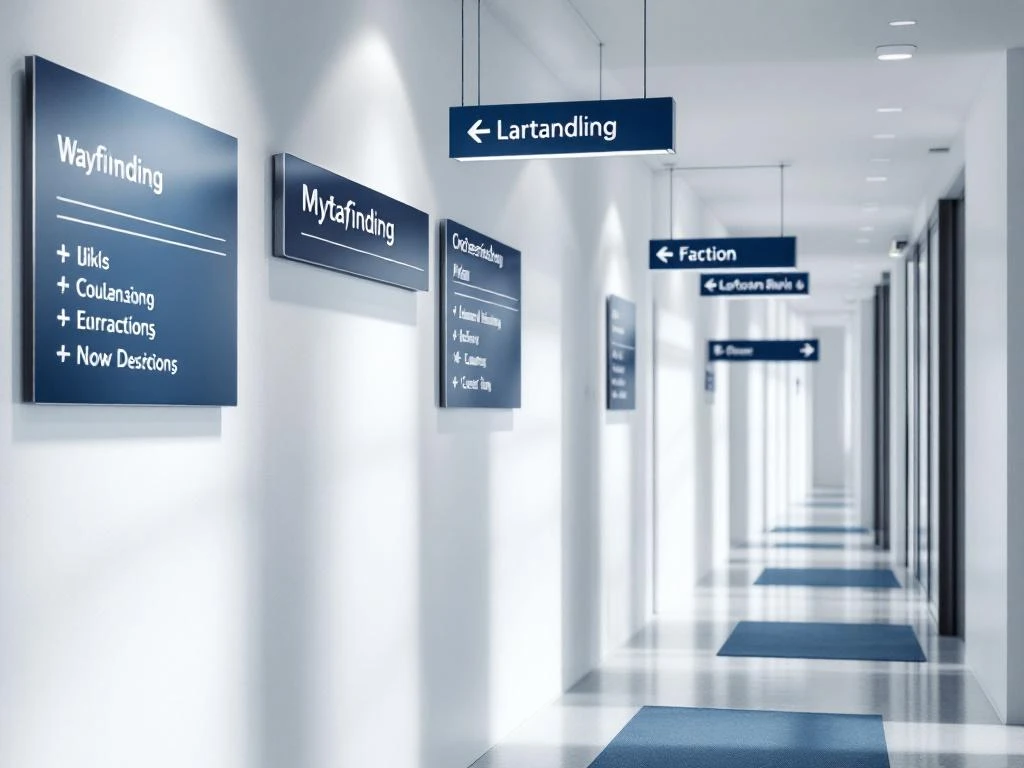 Moderne wayfinding bewegwijzering in bedrijfshal met blauwe en zilveren kleuren, vloergrafiek en hangende borden