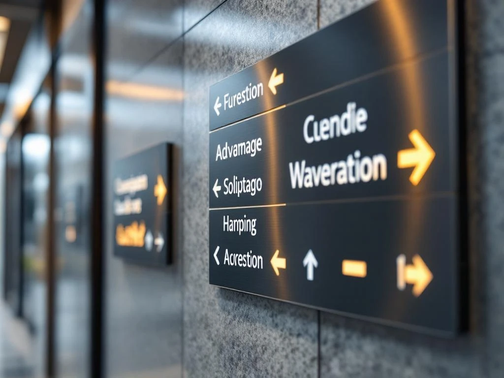Moderne bewegwijzering met bedrijfshuisstijl op kantoorgebouw, metalen directieborden met pijlen en professionele typografie