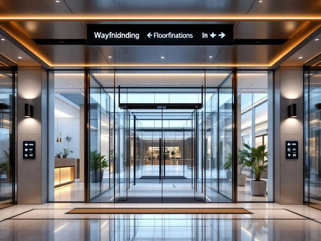 Moderne kantoorlobby met glazen ingang en professionele bewegwijzering, inclusief richtingborden en vloergrafiek