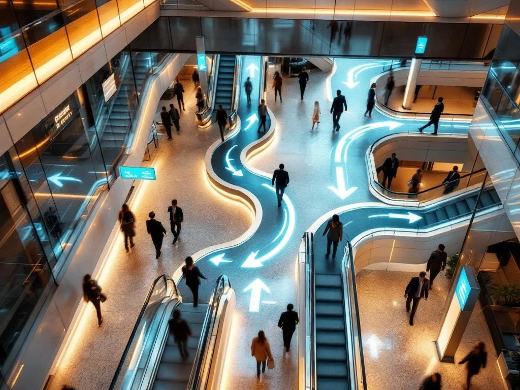 Vogelvluchtperspectief van modern kantoorgebouw met bewegwijzering, LED-verlichting en optimale bezoekersstromen