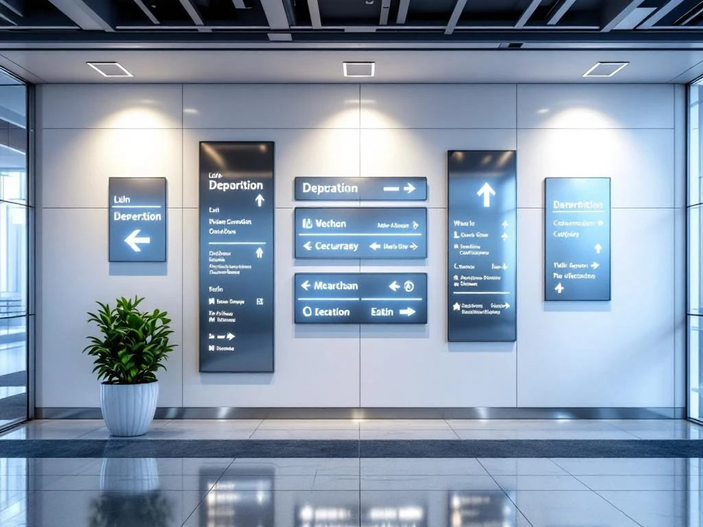 Moderne wayfinding bewegwijzering in bedrijfslobby met verlichte panelen en richtingaanwijzers op witte muren