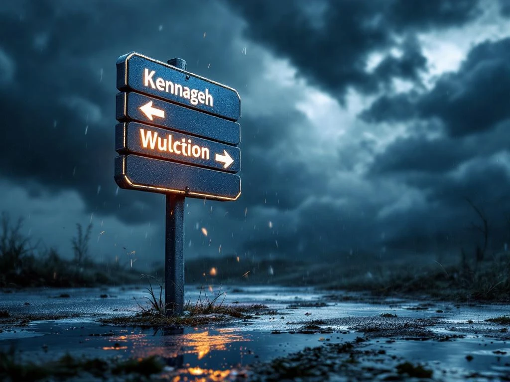 Weerbestendige wegwijzer met richtingspijlen in storm, regendruppels op beschermende coating, donkere wolken overhead