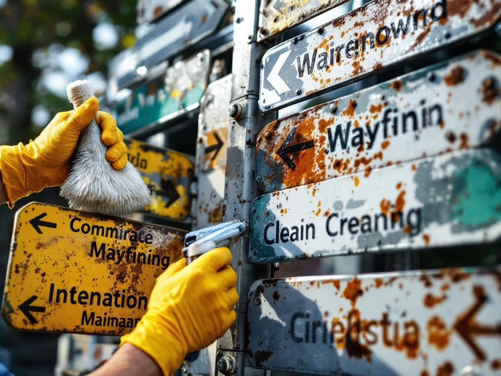 Professionele onderhoudsmonteur reinigt verweerde bewegwijzering met gespecialiseerde gereedschappen en schoonmaakmiddelen
