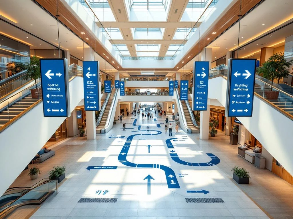 Luchtfoto van modern winkelcentrum interieur met heldere bewegwijzering, roltrappen en blauwe navigatiesystemen