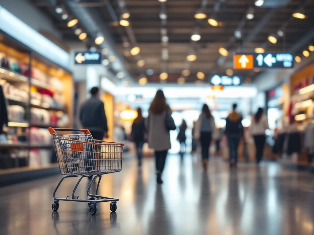 Verlaten winkelwagentje in retailwinkel met klanten die naar de uitgang lopen, onduidelijke bewegwijzering zichtbaar