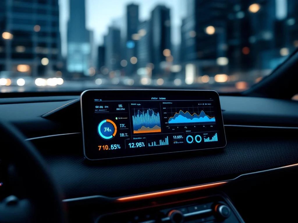 Autodashboard met digitale analysegrafieken en prestatiemetingen op scherm, kantoorgebouwen op achtergrond