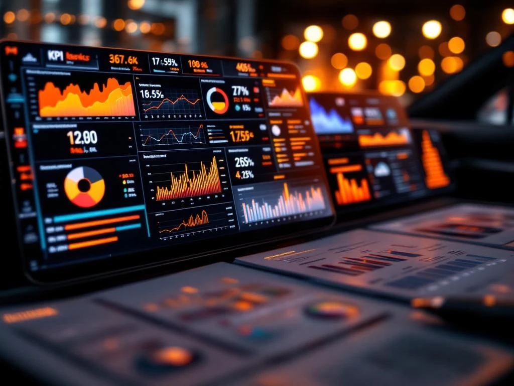 Auto dashboard met digitale analytics schermen en KPI grafieken, bedrijfsdocumenten met automotive reclamestatistieken