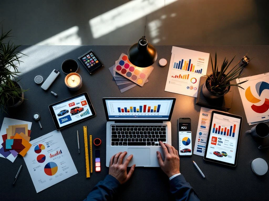 Bureau met laptop met analytics grafieken, auto reclame rapporten, kleurstalen en meettools voor campagne analyse