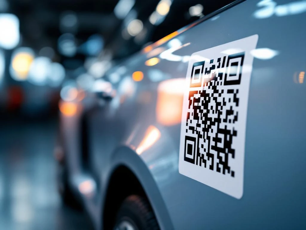 QR-code sticker op glanzend zijpaneel van moderne auto met professionele studioverlichting en reflecties