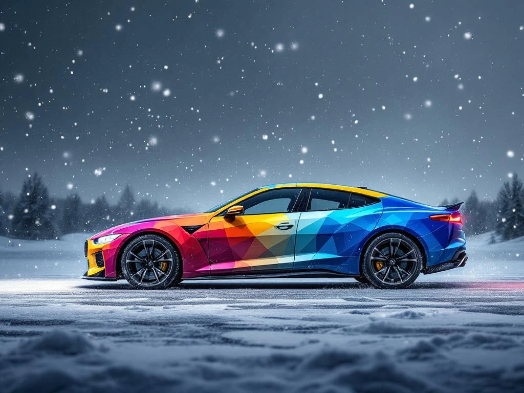 Moderne auto met kleurrijke reclame-wrap geparkeerd op besneeuwde weg tijdens sneeuwval, toont duurzaamheid van voertuigbelettering