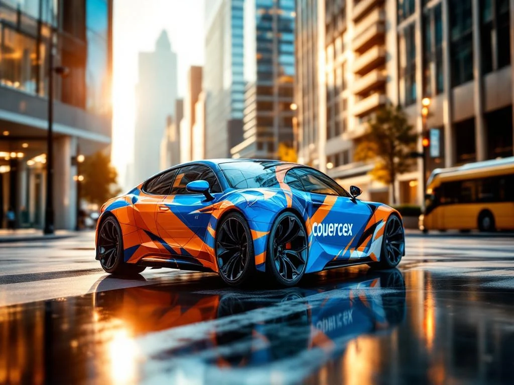Auto met blauwe en oranje reclamebelettering geparkeerd in moderne zakenwijk met dramatische verlichting