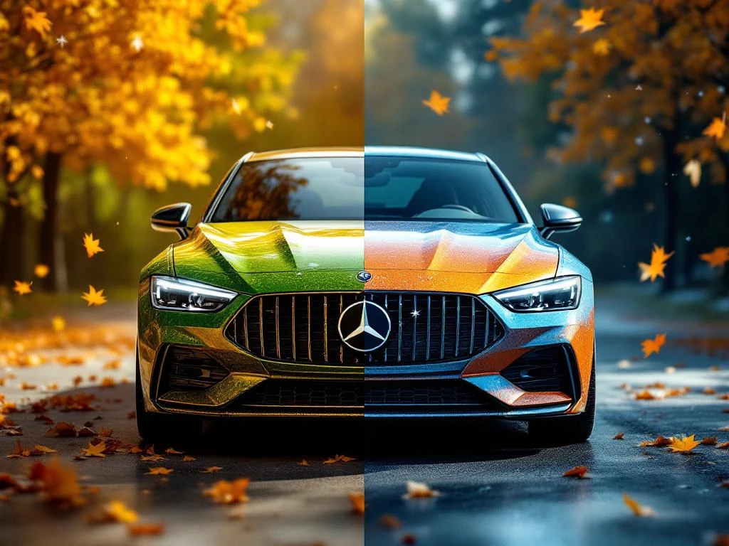 Luxe auto met seizoensgebonden reclame-wrapping: links lente/zomer kleuren, rechts herfst/winter tinten