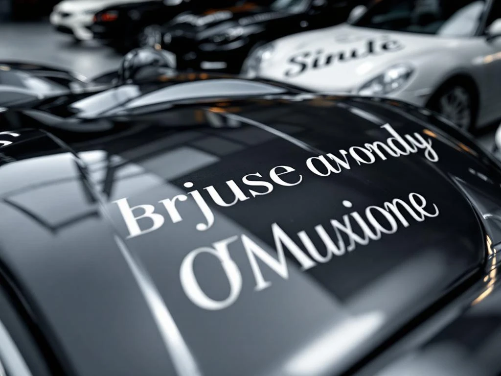 Luxe auto's met verschillende typografie stijlen als decals en wraps, van vetgedrukte sans-serif tot elegante scripts