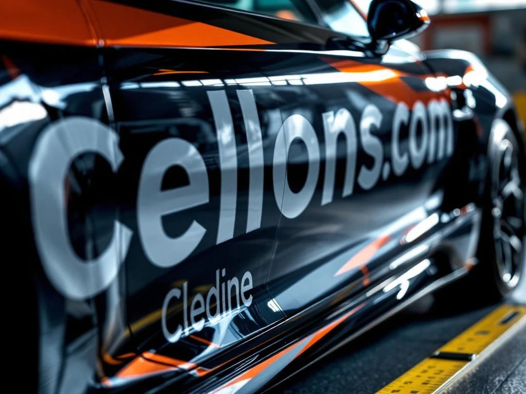 Close-up van moderne auto met professionele vinyl belettering en graphics op glanzende lak met installatietools